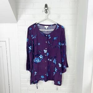 J.Jill Dark Maroon Purple Floral Button Down Top Size L